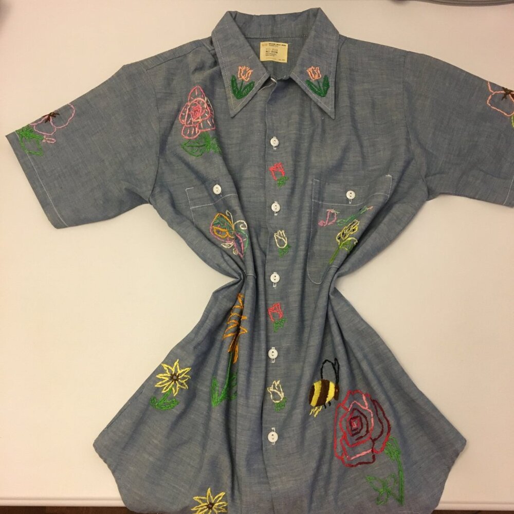 Vintage 70s Chambray JC Penney Big Mac Shirt "Doris" Embroidered Pointy Collar (